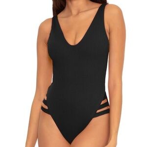 NWT BECCA Women's One-Piece Swimsuit High Leg Cutout Scoop Neck Black sz Medium